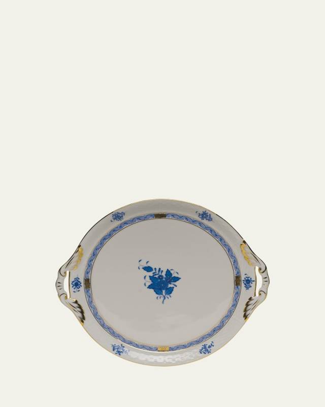 Chinese Bouquet Blue Round Tray with Handles
